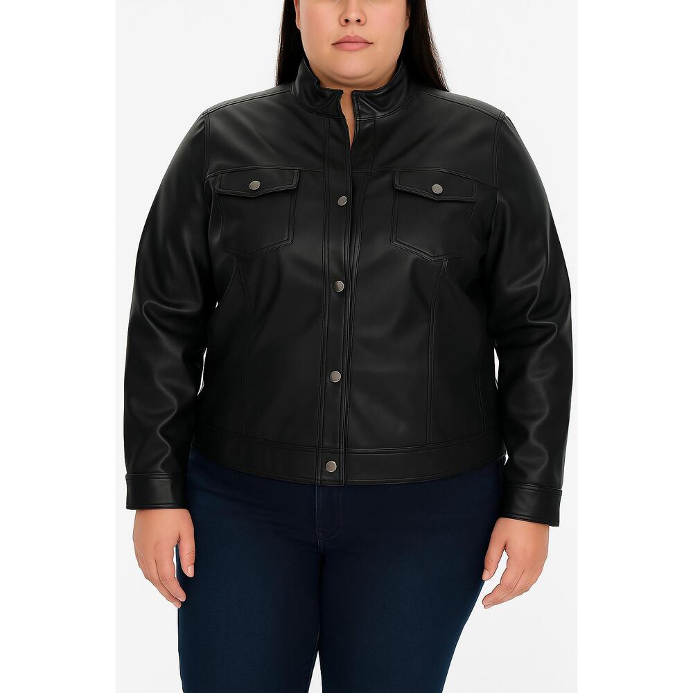 Eye Candy Black Faux Leather‎ Snap Button Chest Pockets Stand Collar Jacket 3X